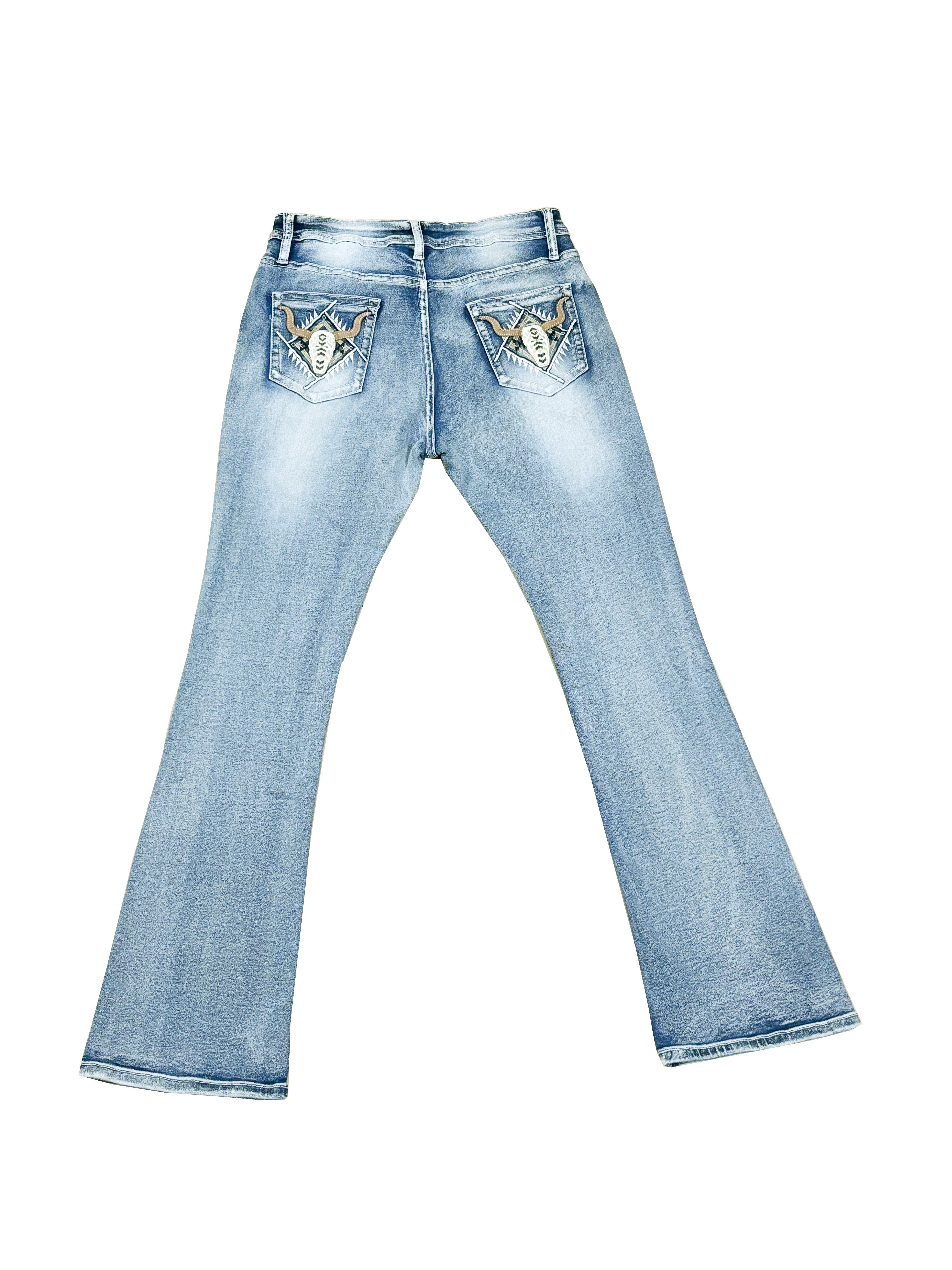 Jean Bootcut Bleu Délavé avec Broderie Tête de Taureau pour Femmes
