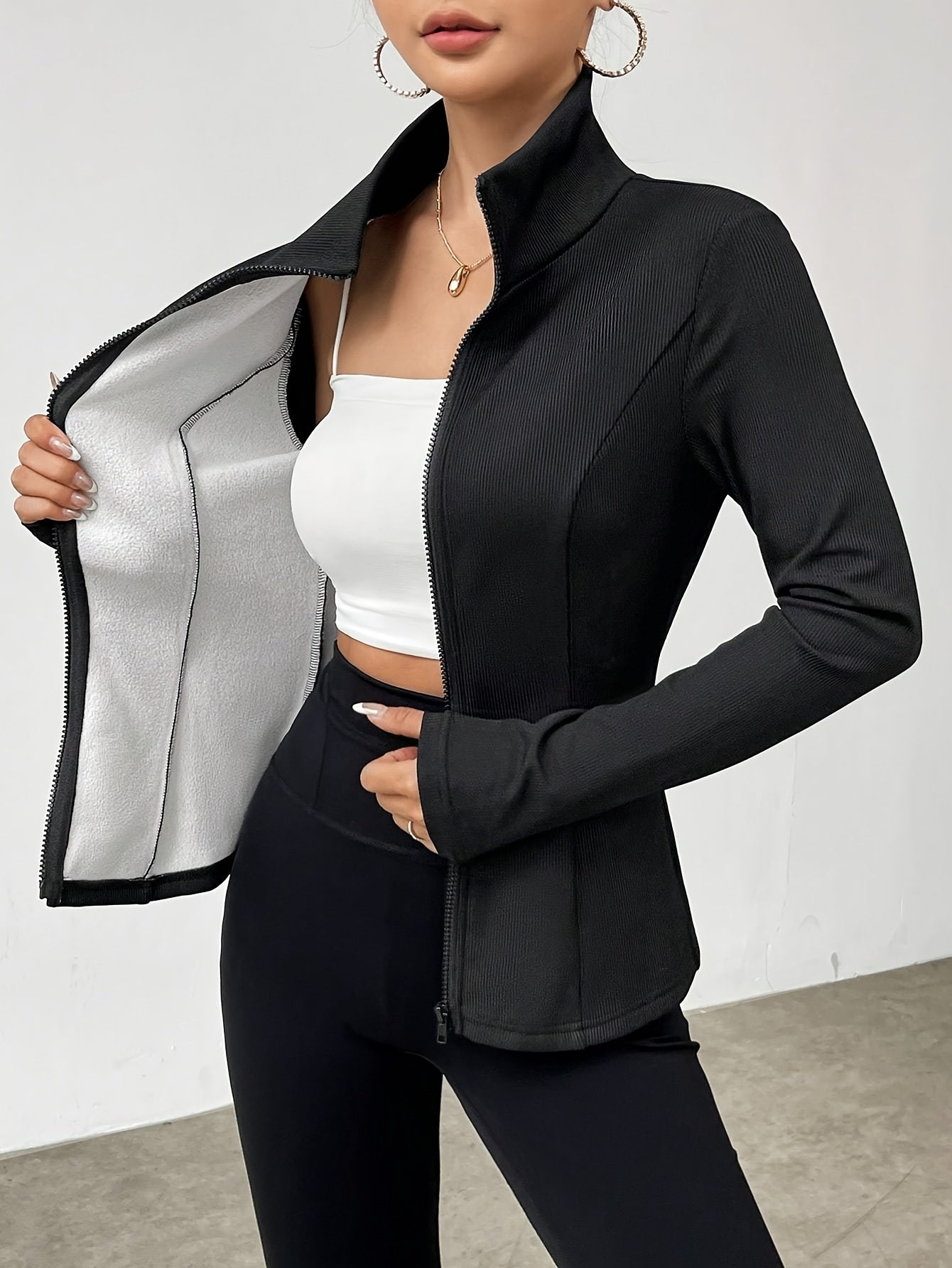 Veste Zippée Skinny à Manches Longues avec Doublure en Fausse
