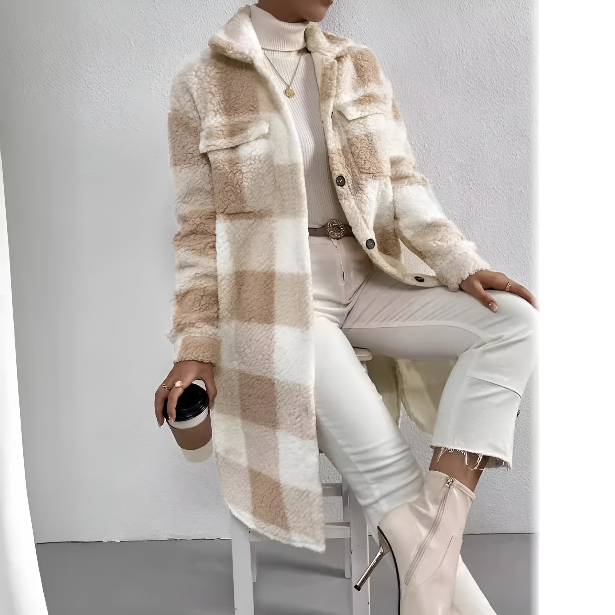 Veste Longue à Motif Damier pour Femmes