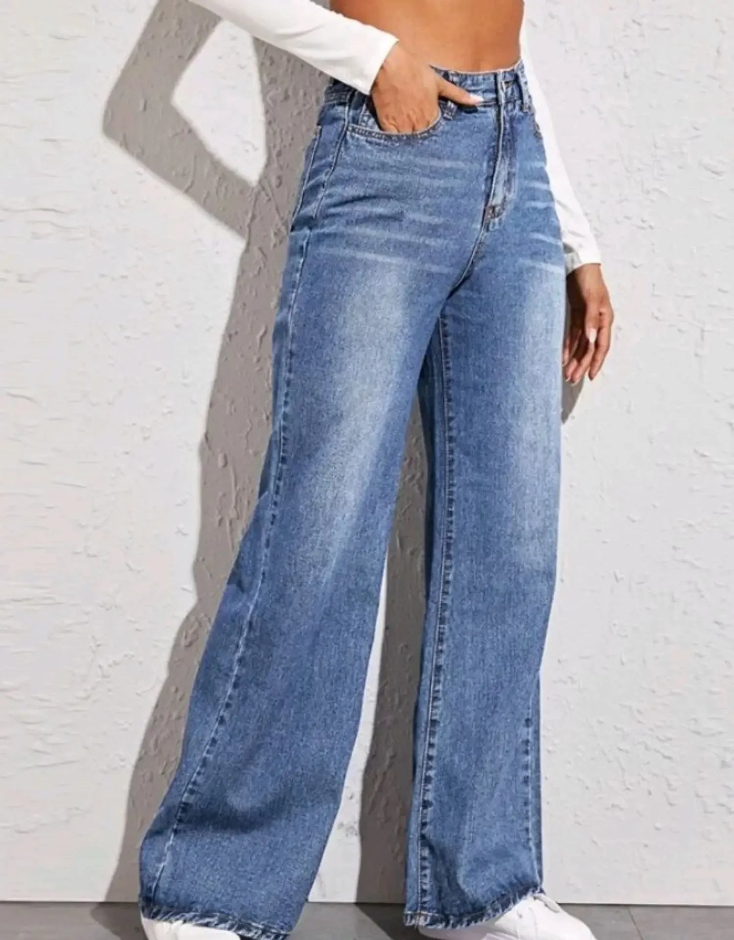 Jean bleu femmes à jambes larges taille haute