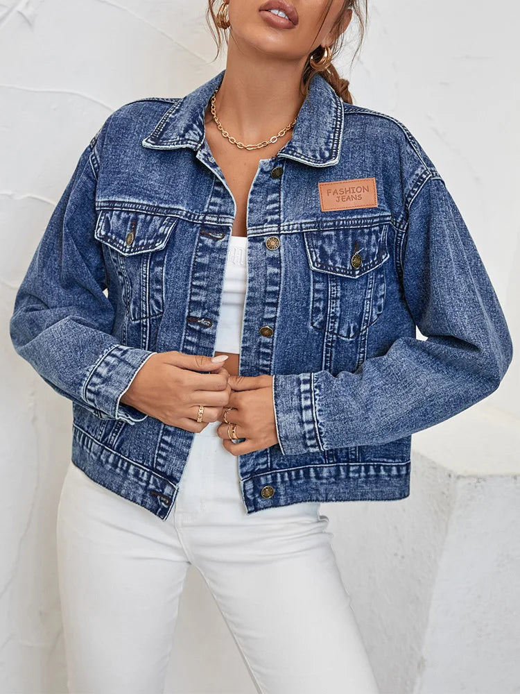 Veste en Denim à Col Rabaissé pour Femmes