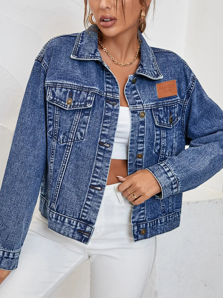 Veste en Denim à Col Rabaissé pour Femmes