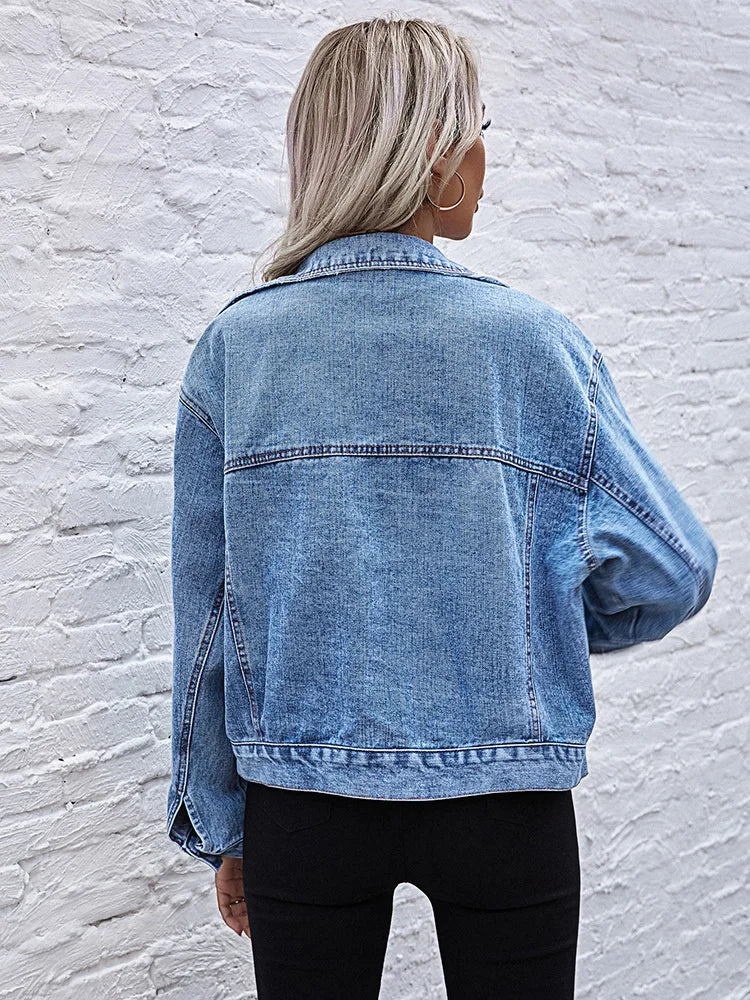 Veste en Denim à Col Rabaissé pour Femmes
