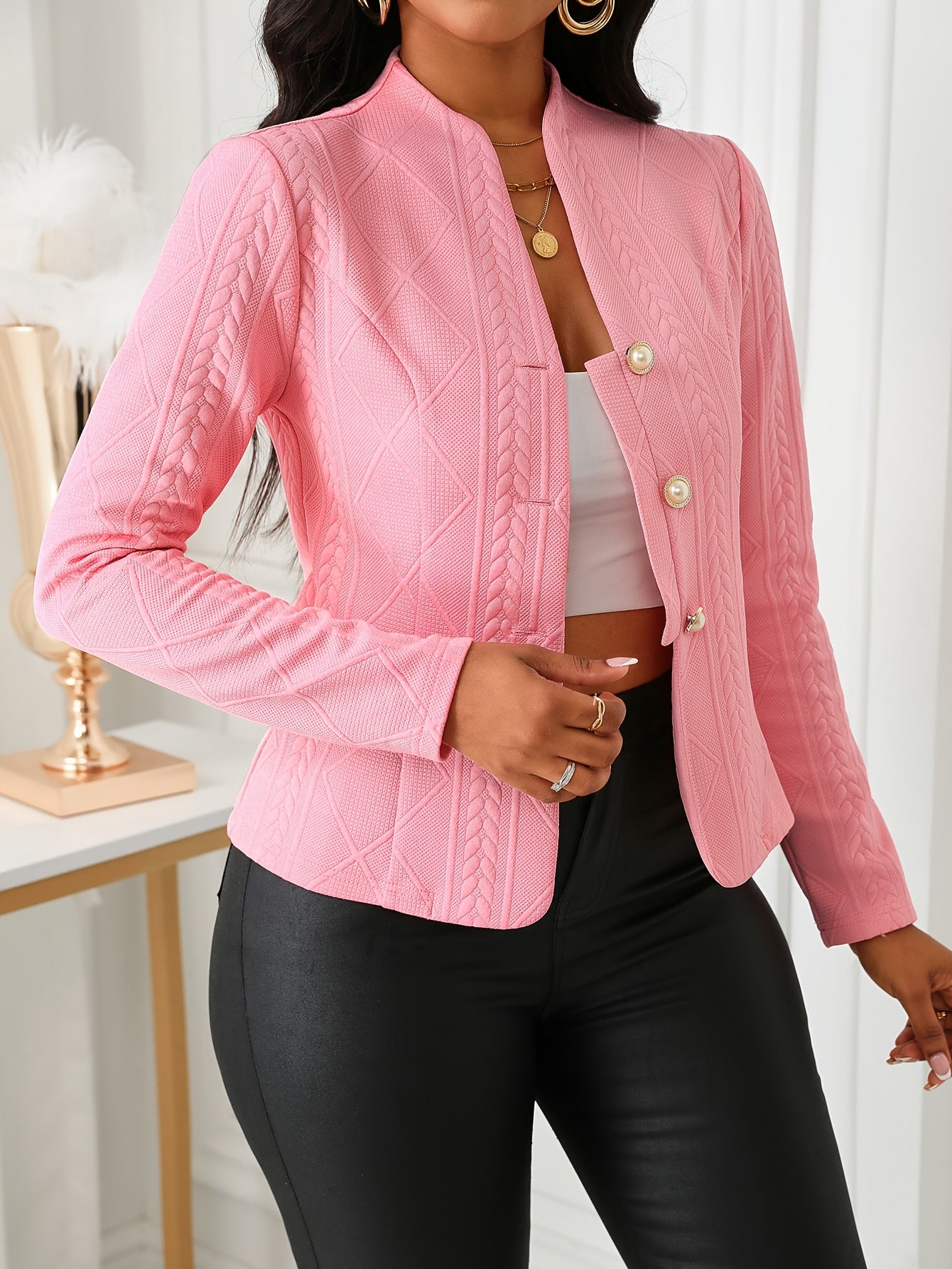 Blazer élégant en polyester texturé rose pour femmes