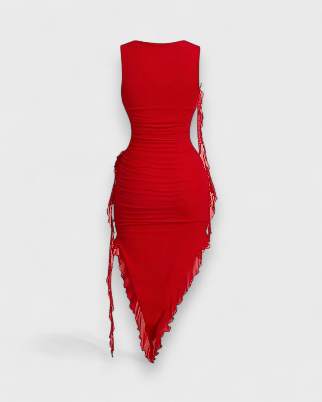 Robe moulante rouge asymétrique à fleurs 3D