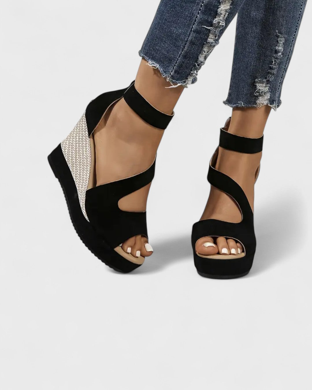 Sandales compensées à brides croisées et talon tressé