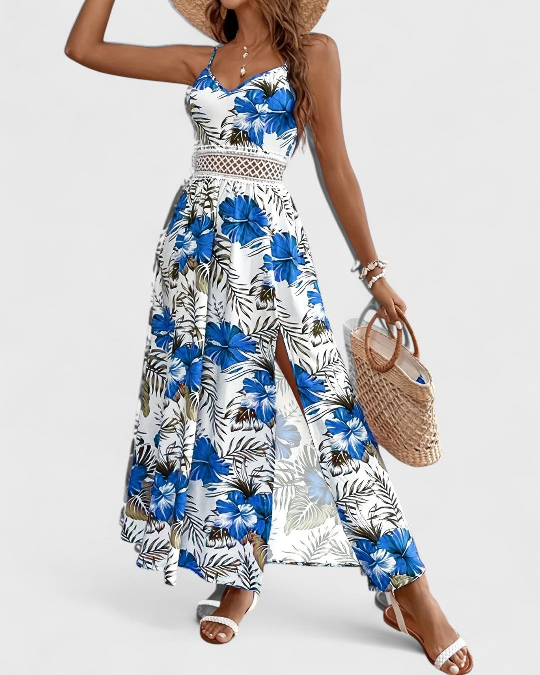 Robe longue fluide à fleurs tropicales et taille ajourée