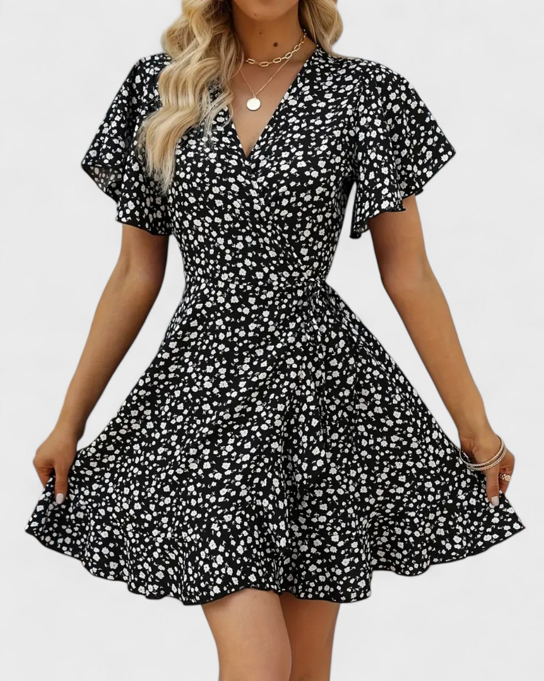 Robe portefeuille à fleurs volantée