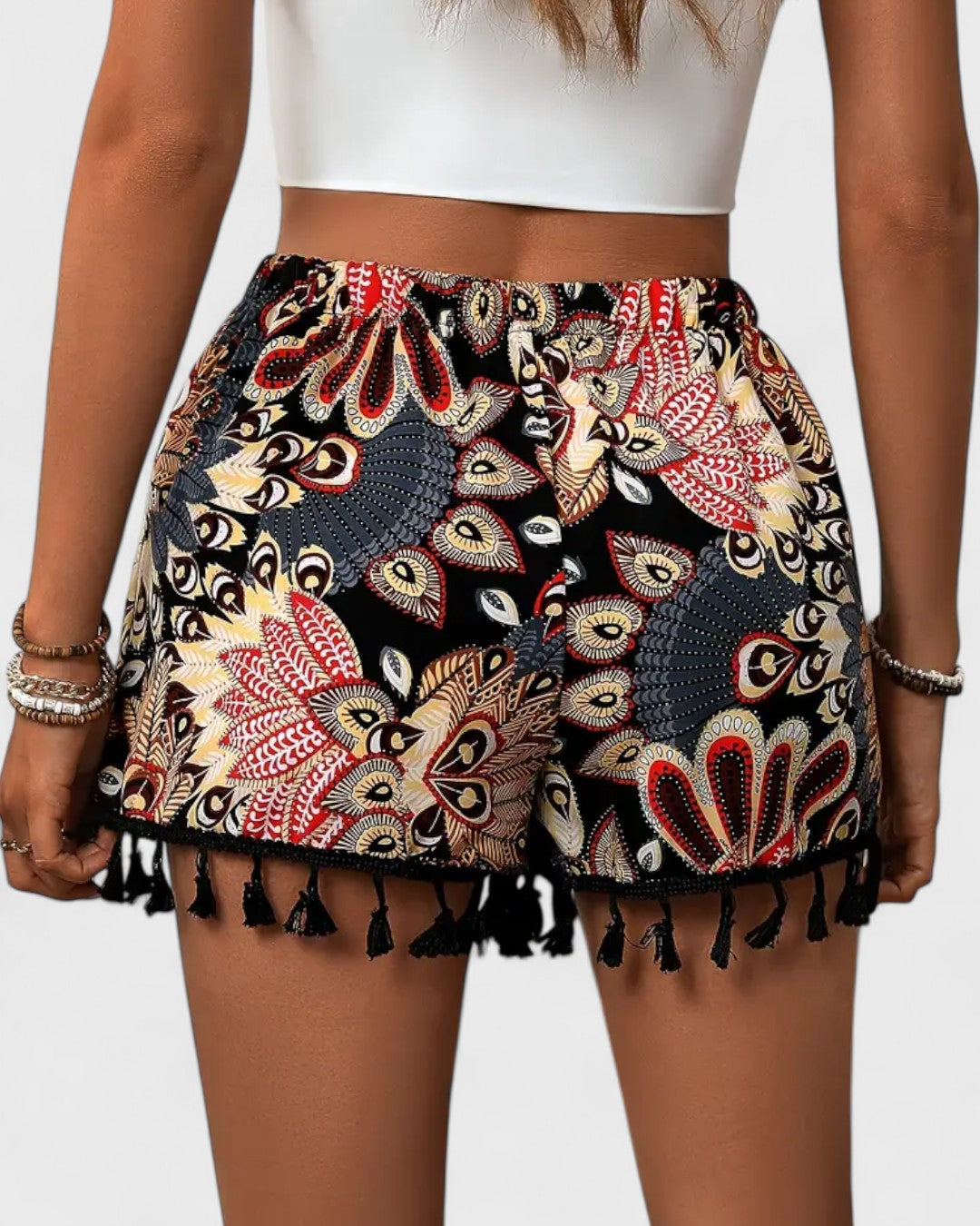 Short bohème imprimé à pompons