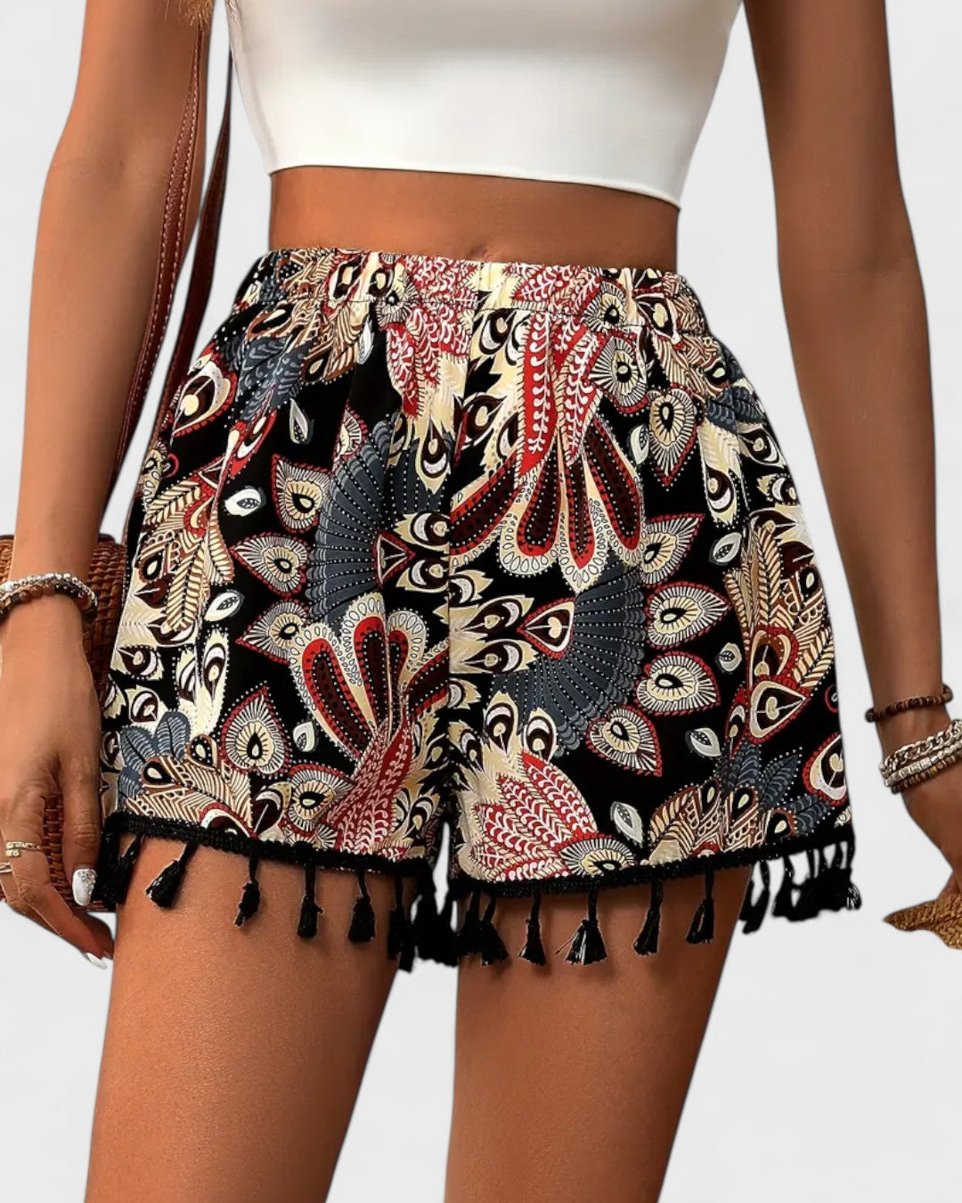 Short bohème imprimé à pompons