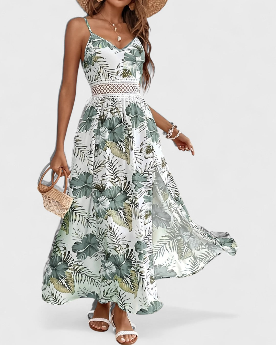 Robe longue fluide à fleurs tropicales et taille ajourée
