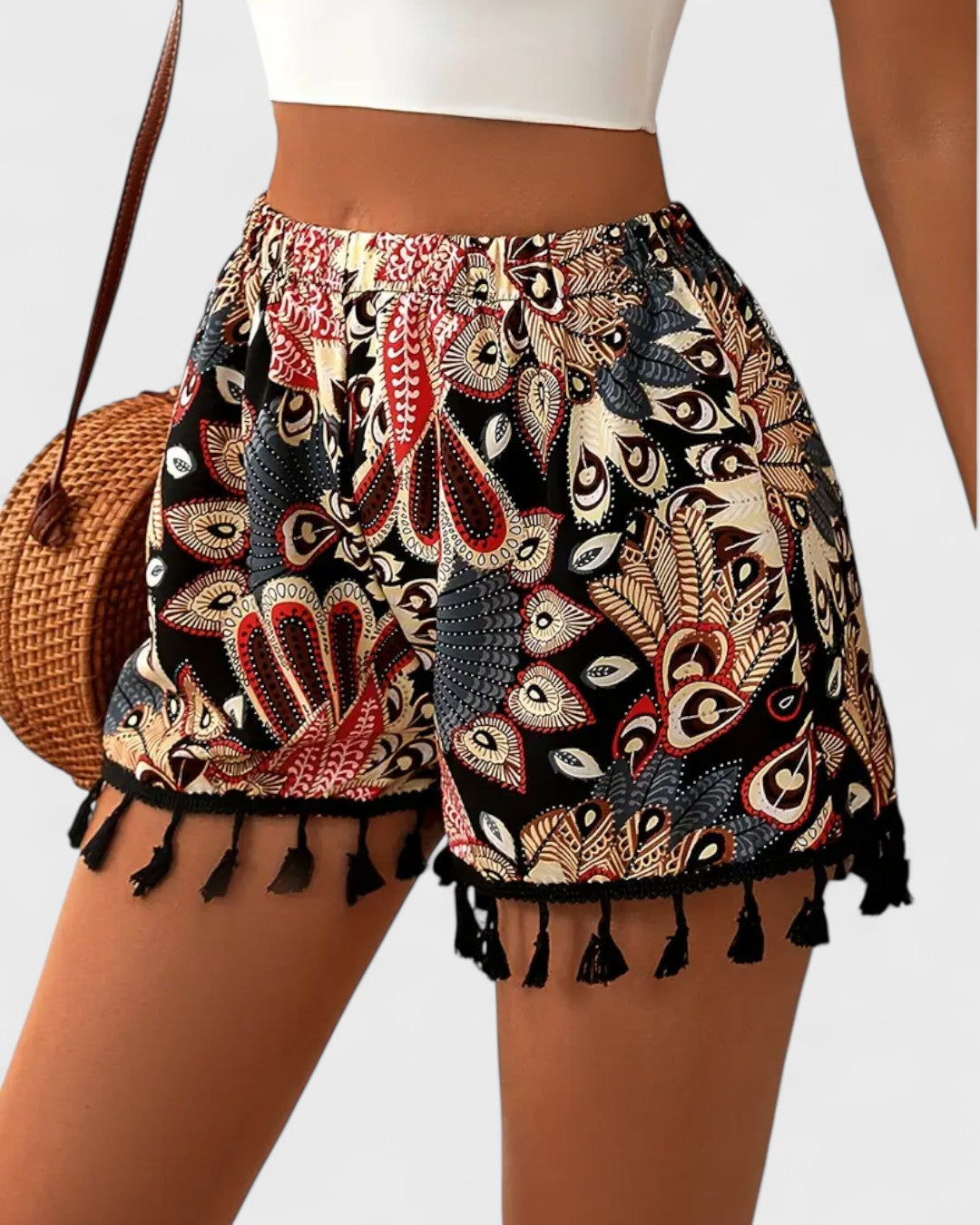 Short bohème imprimé à pompons
