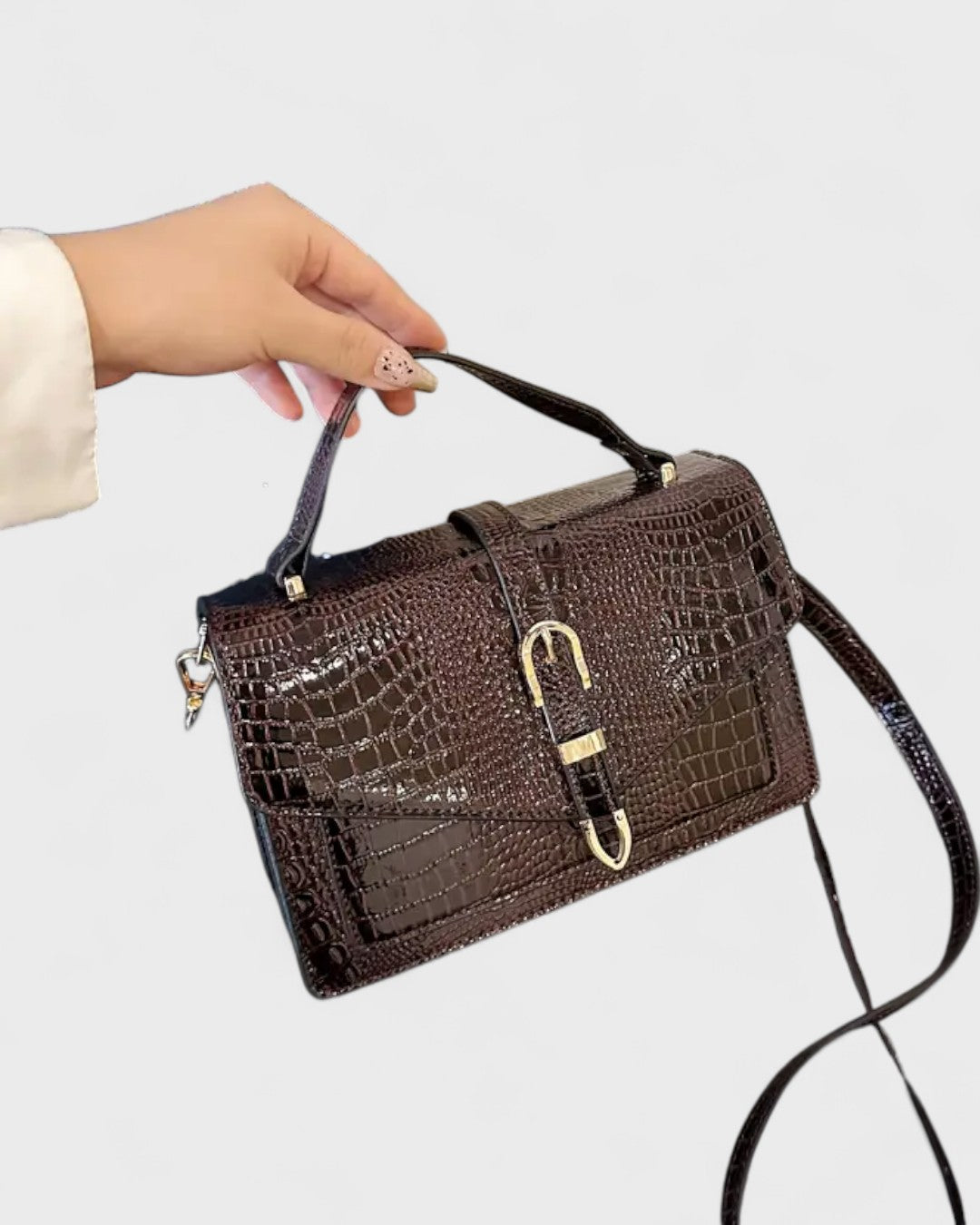 Sac à bandoulière effet crocodile avec boucle métallique