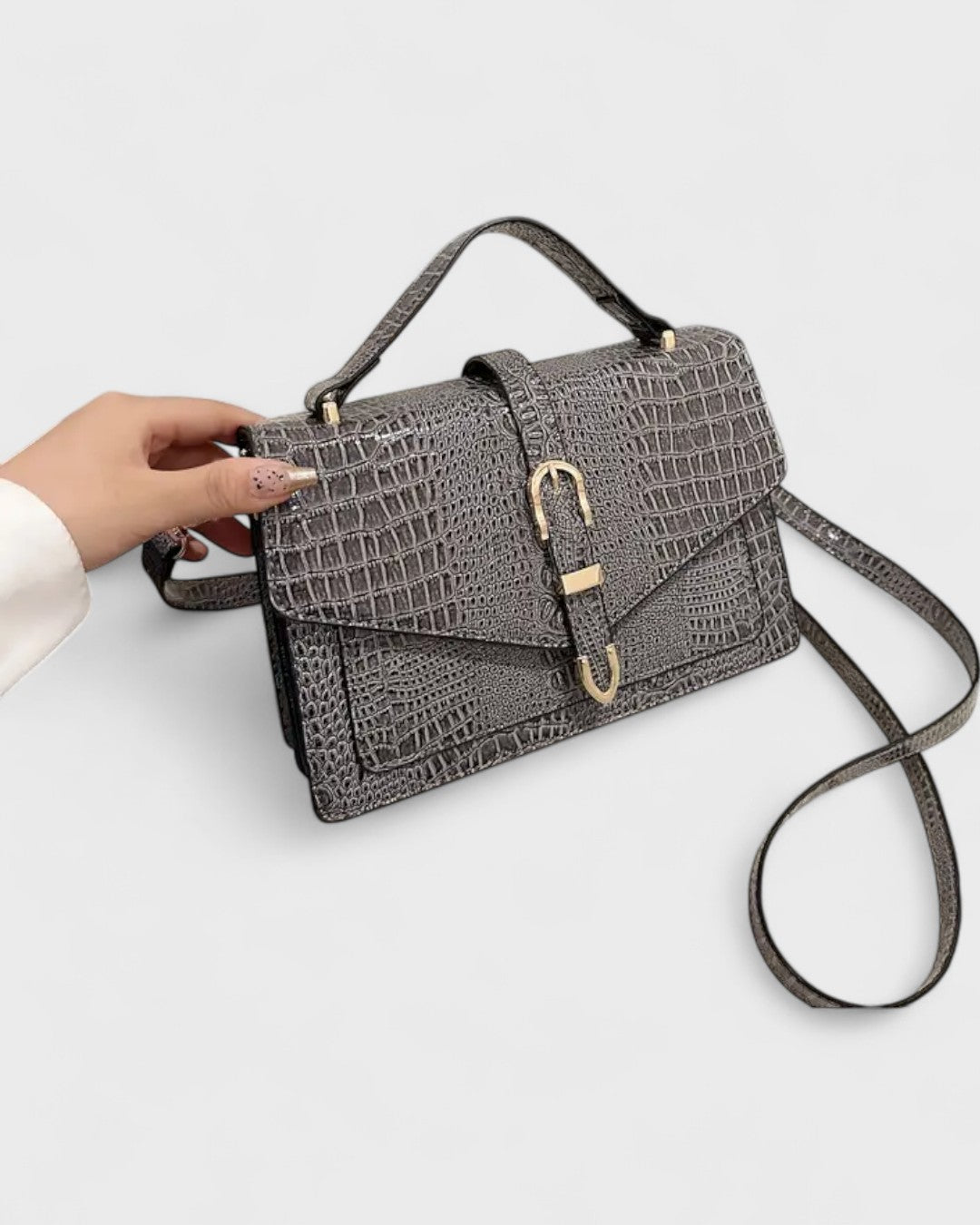 Sac à bandoulière effet crocodile avec boucle métallique