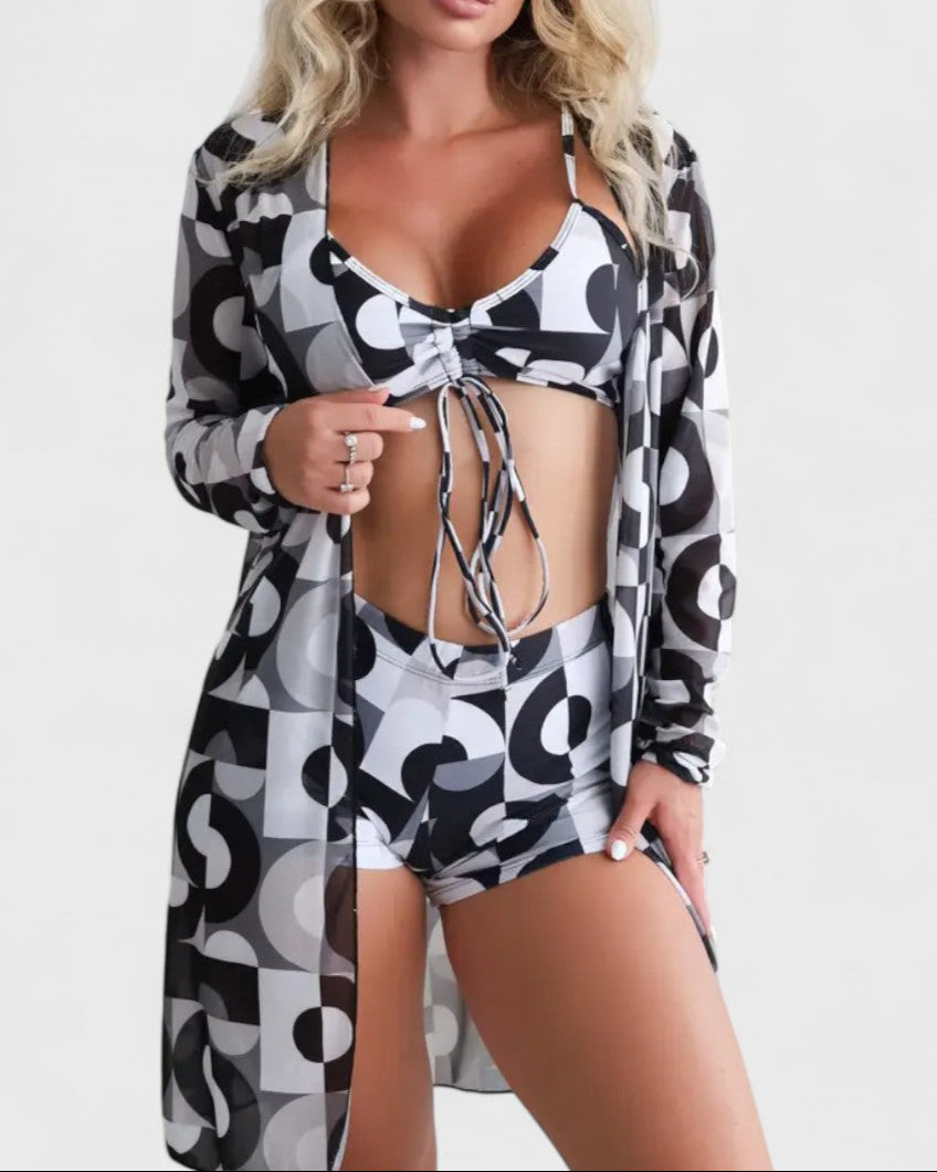 Bikini 3 pièces avec housse à motif tropical