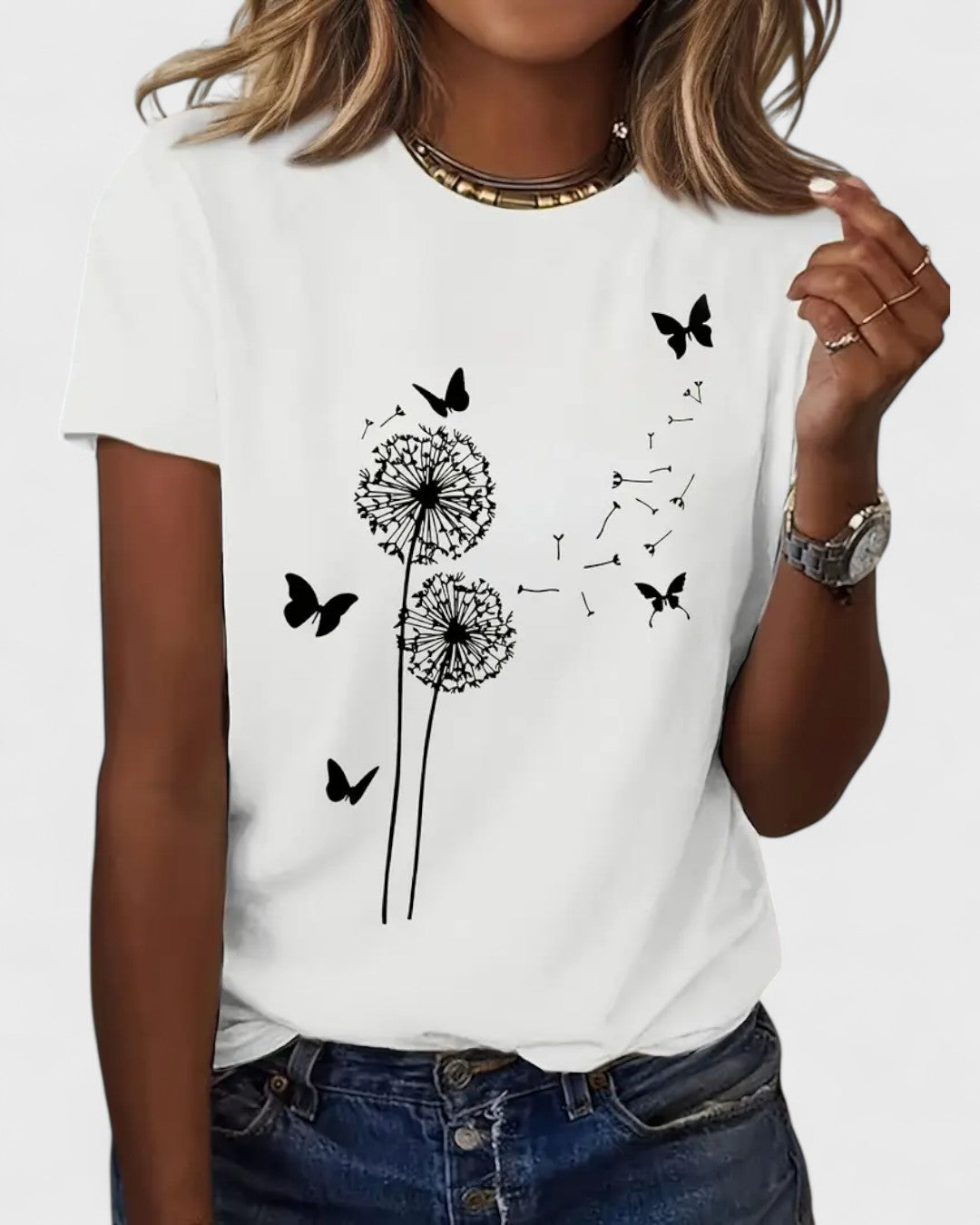 T-shirt en coton à motif pissenlit et papillon