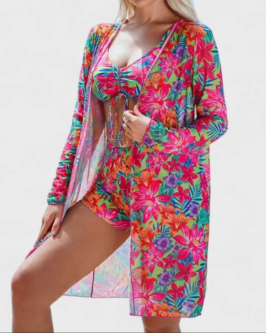 Bikini 3 pièces avec housse à motif tropical