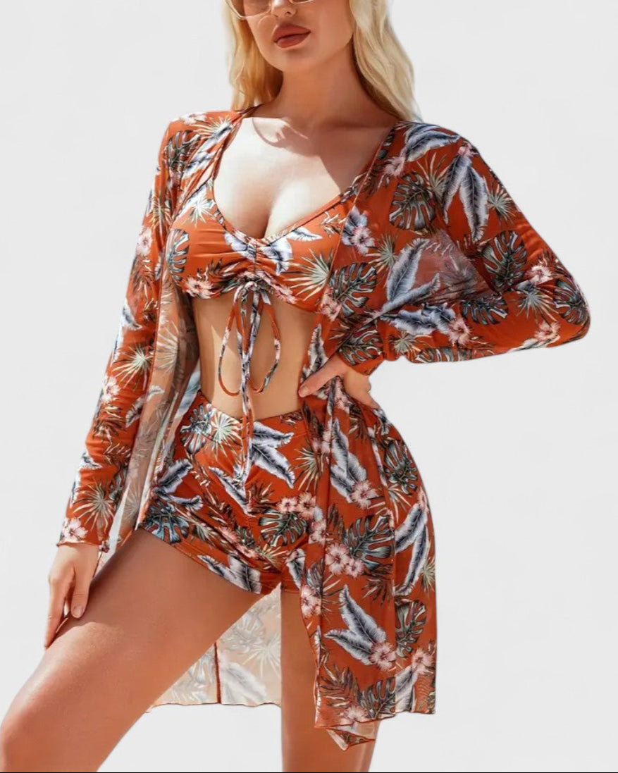 Bikini 3 pièces avec housse à motif tropical