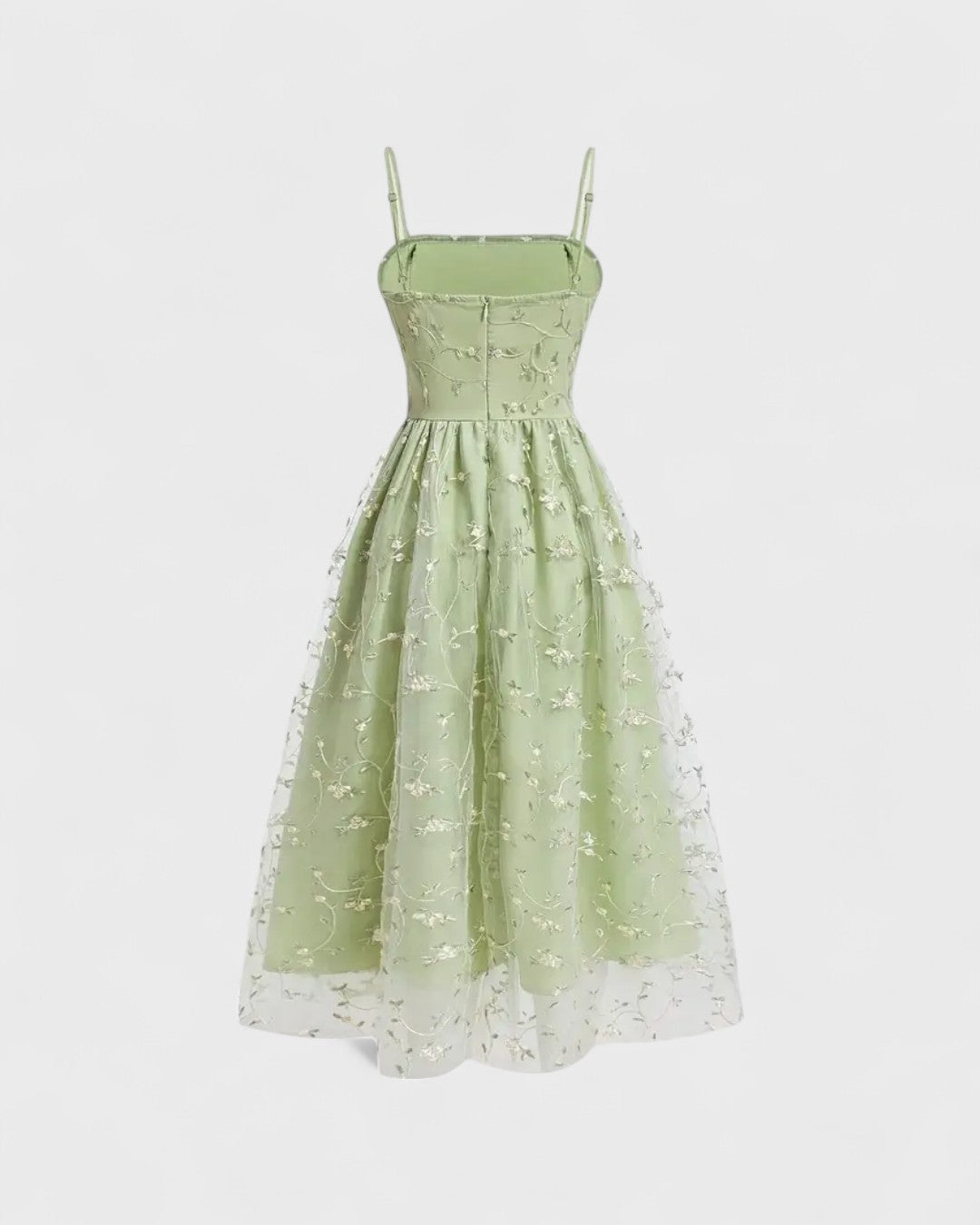 Robe midi vert menthe à broderies florales
