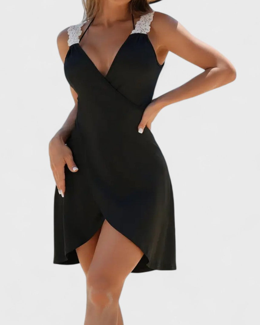 Robe portefeuille de plage noire à bretelles dentelle