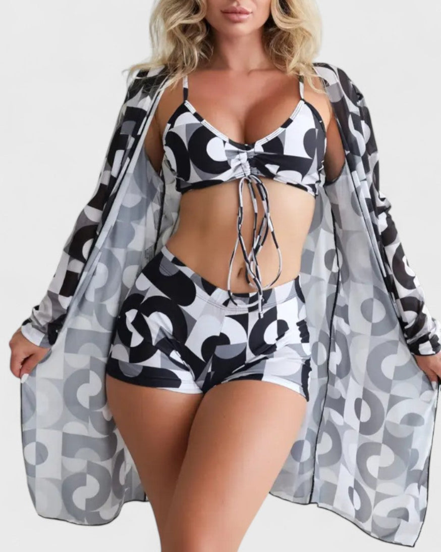 Bikini 3 pièces avec housse à motif tropical