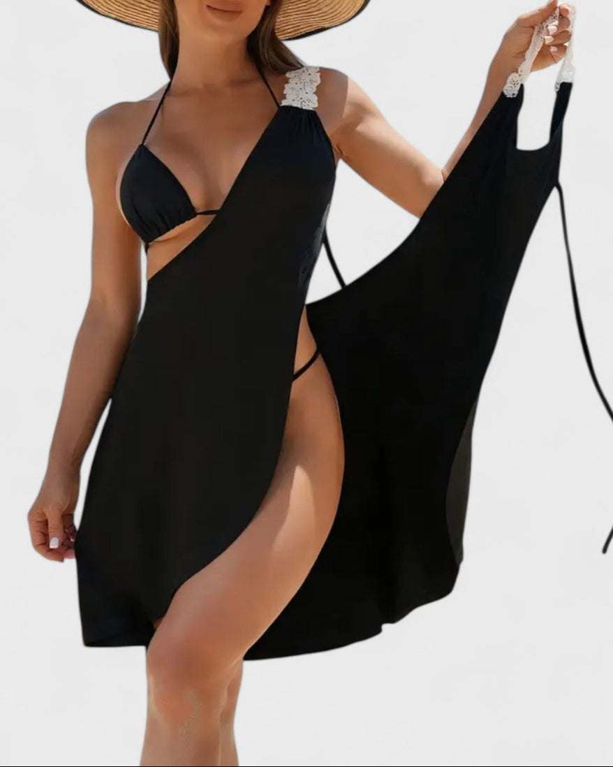 Robe portefeuille de plage noire à bretelles dentelle
