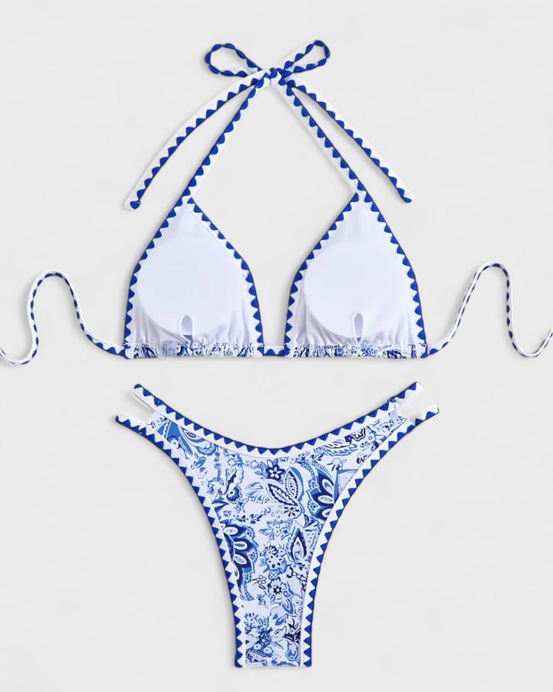 Bikini imprimé bleu et blanc à détails festonnés