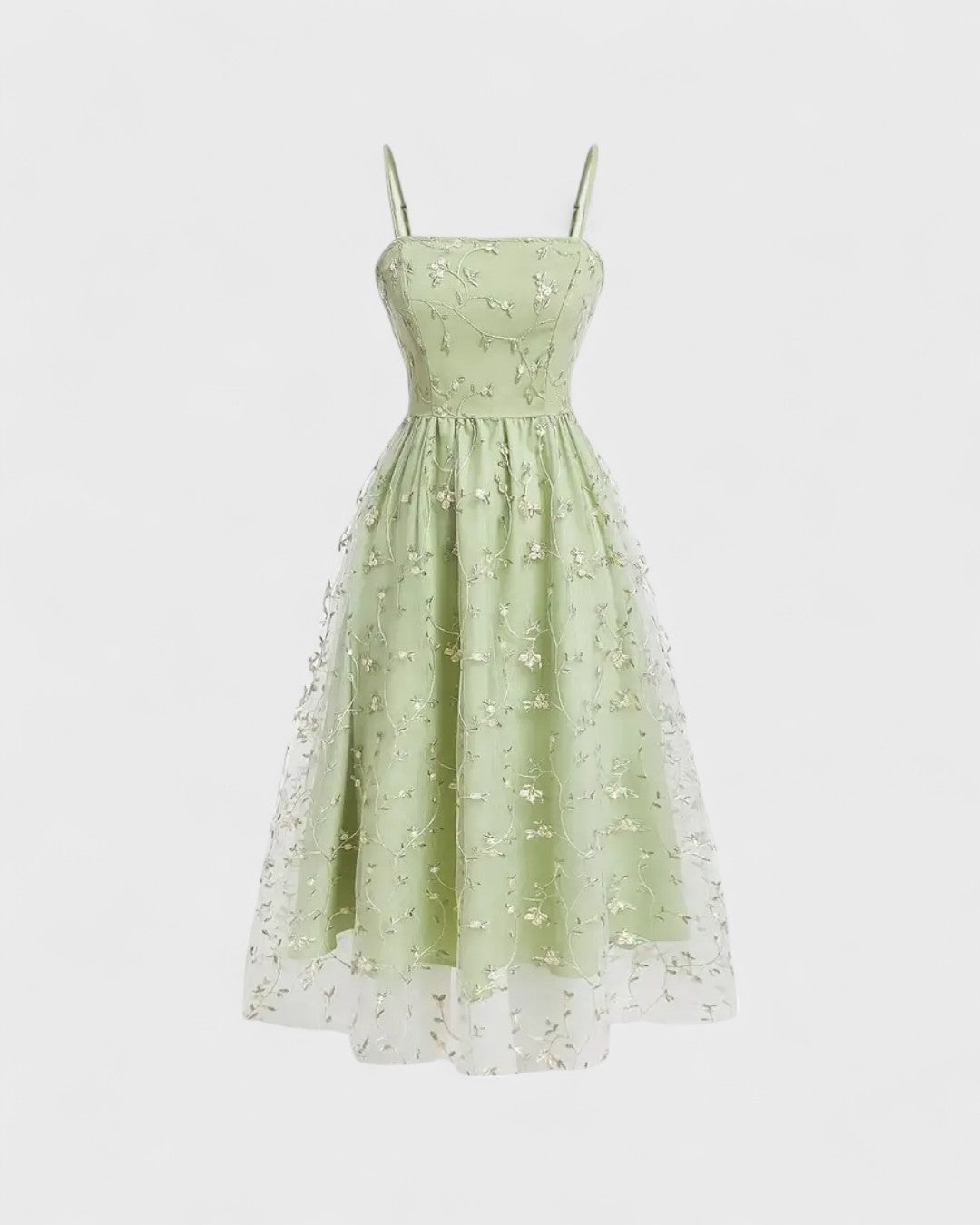 Robe midi vert menthe à broderies florales