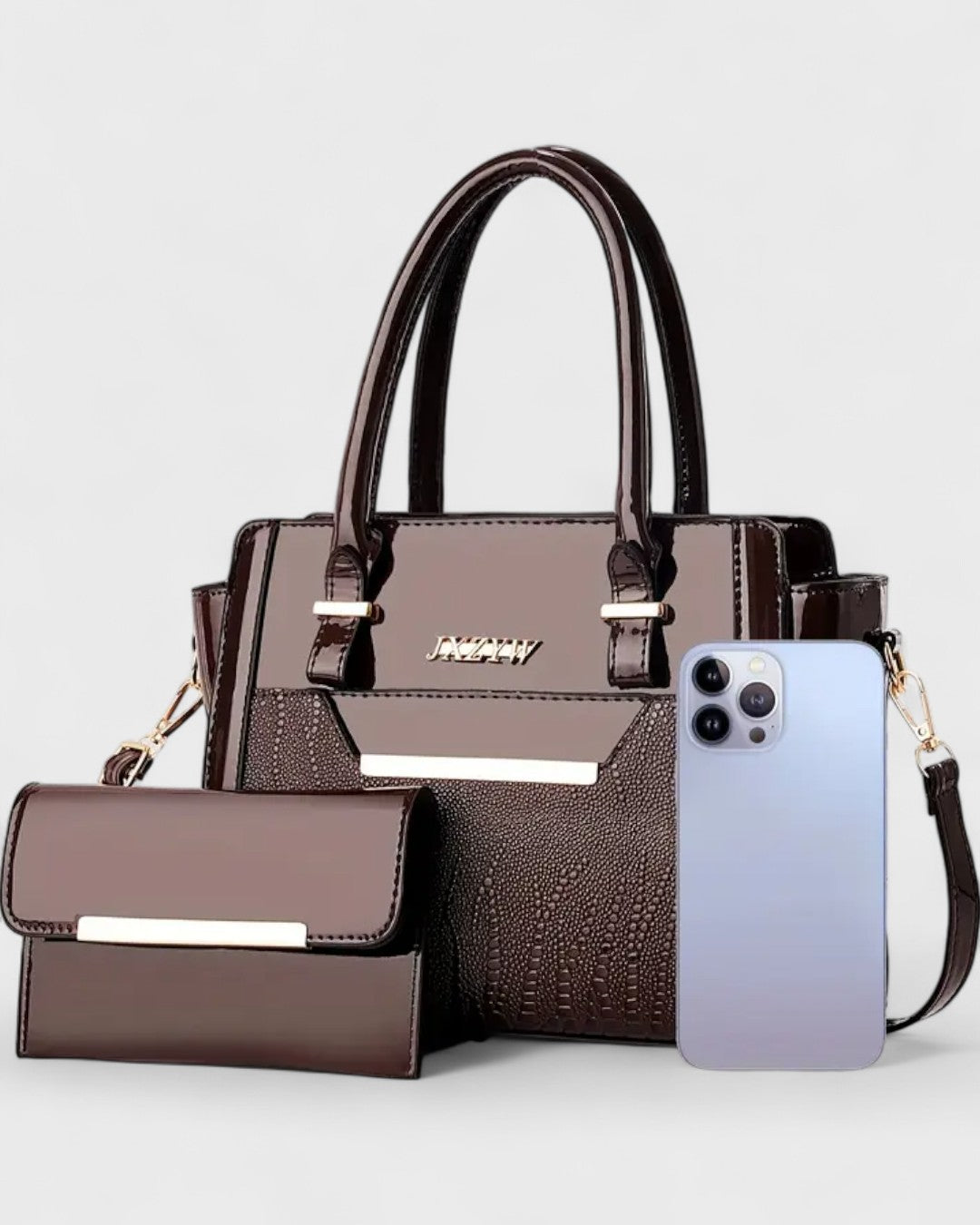 Sac à main verni 2 pièces avec pochette assortie