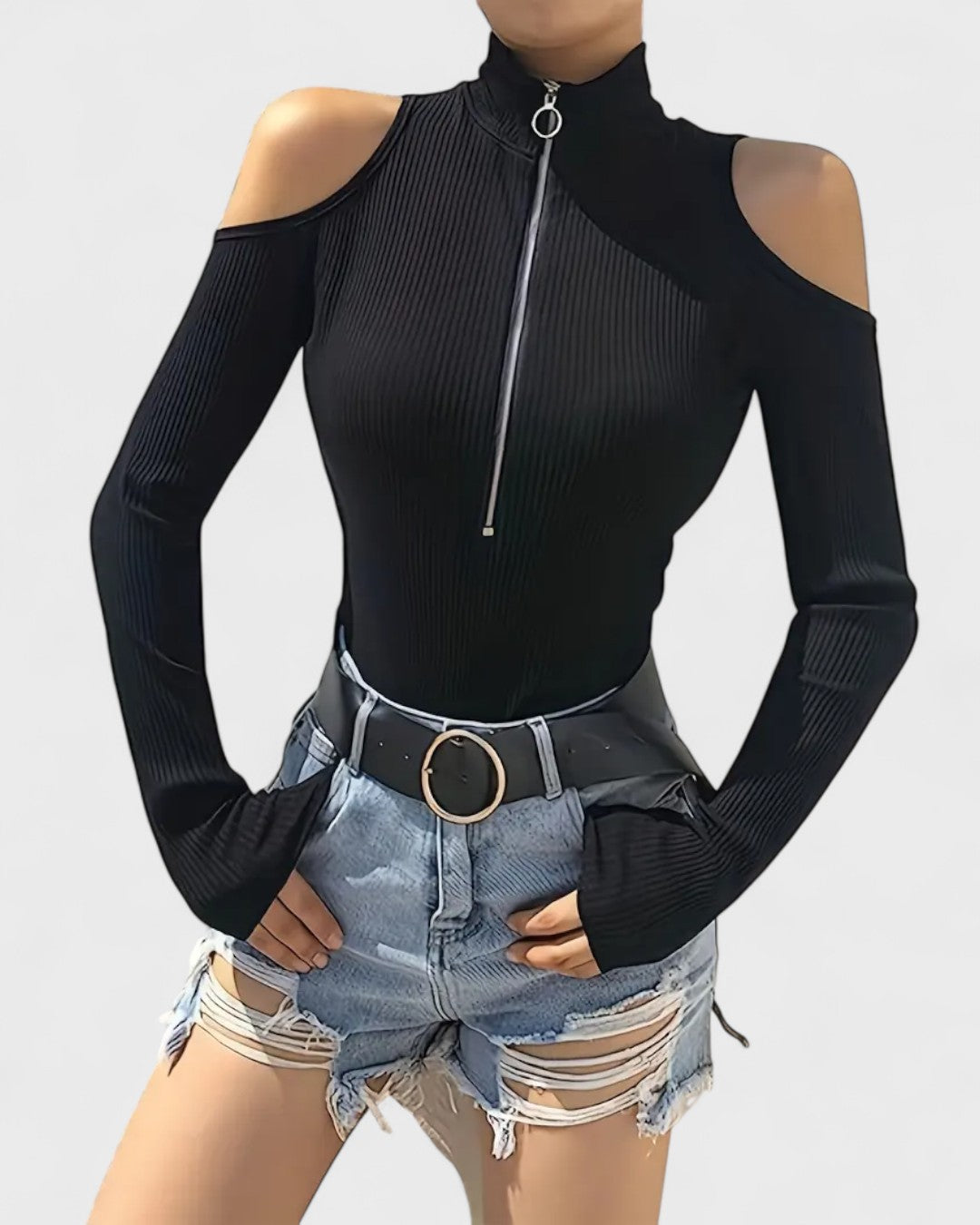 Haut épaules dénudées à col montant et zip