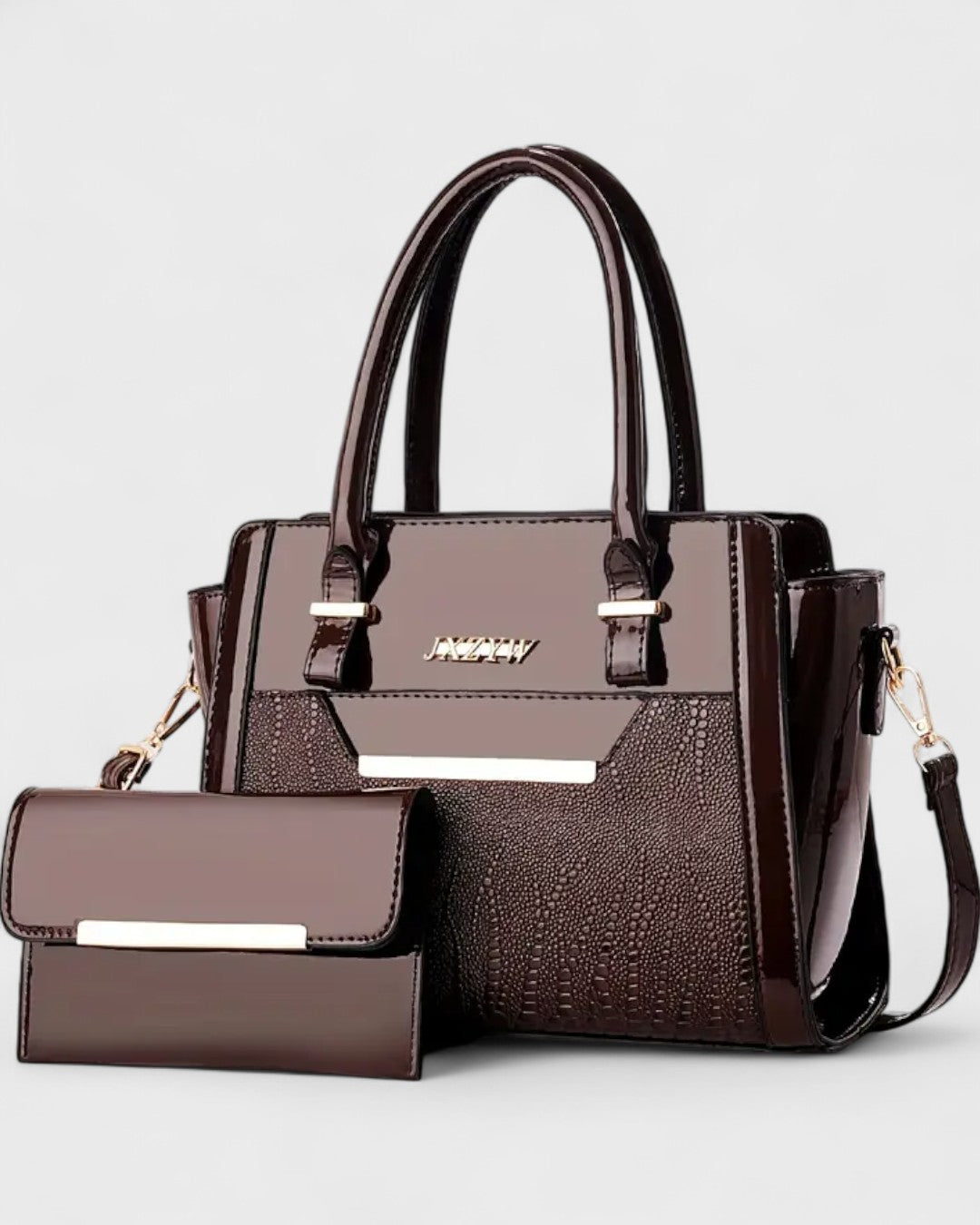 Sac à main verni 2 pièces avec pochette assortie