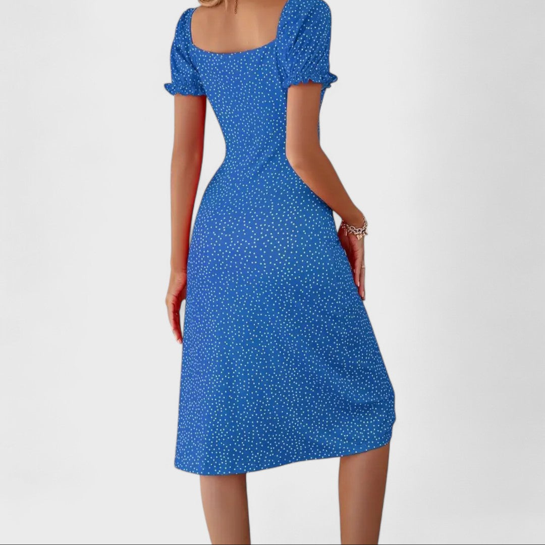 Robe midi à pois avec fente et manches bouffantes