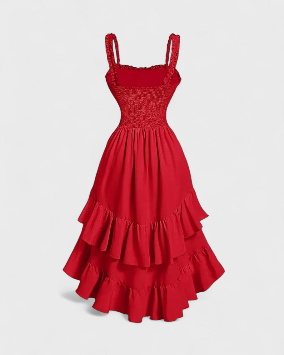 Robe longue à volants smockée rouge