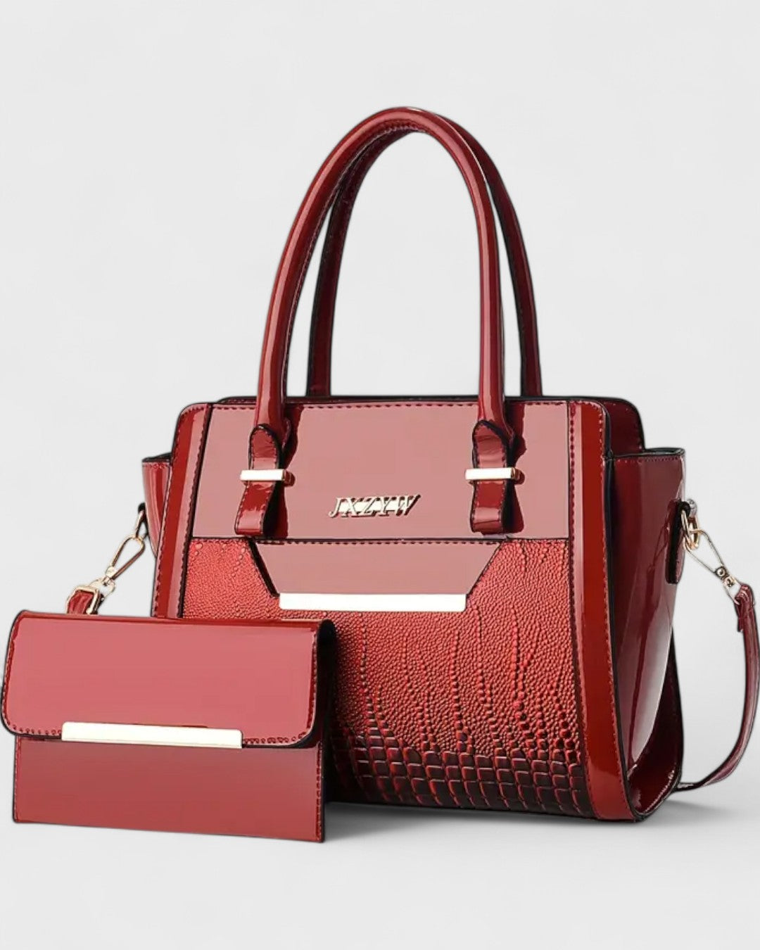 Sac à main verni 2 pièces avec pochette assortie