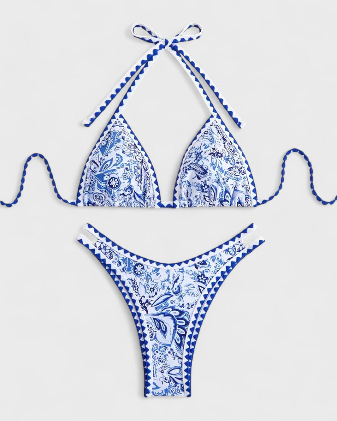 Bikini imprimé bleu et blanc à détails festonnés