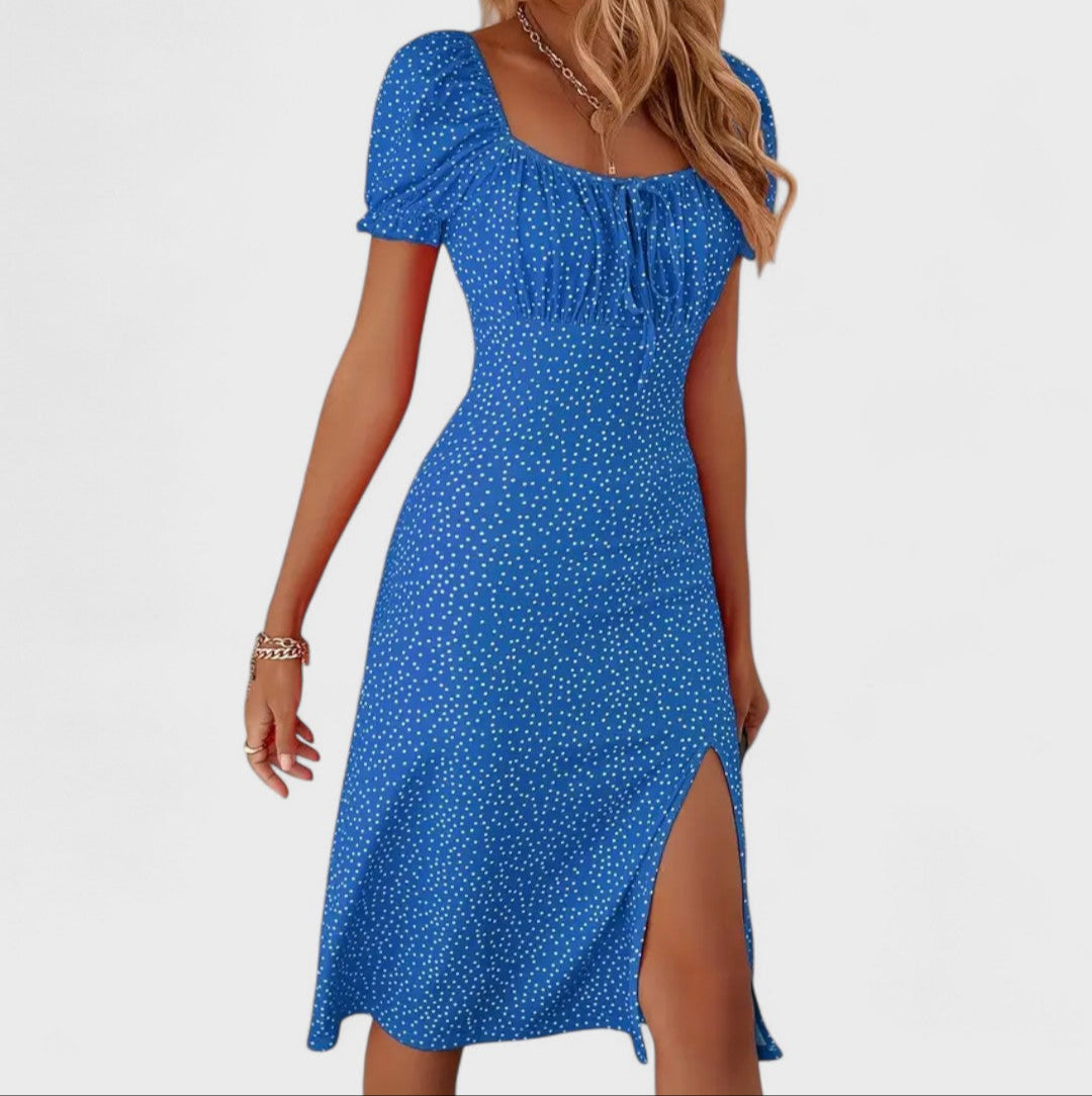 Robe midi à pois avec fente et manches bouffantes