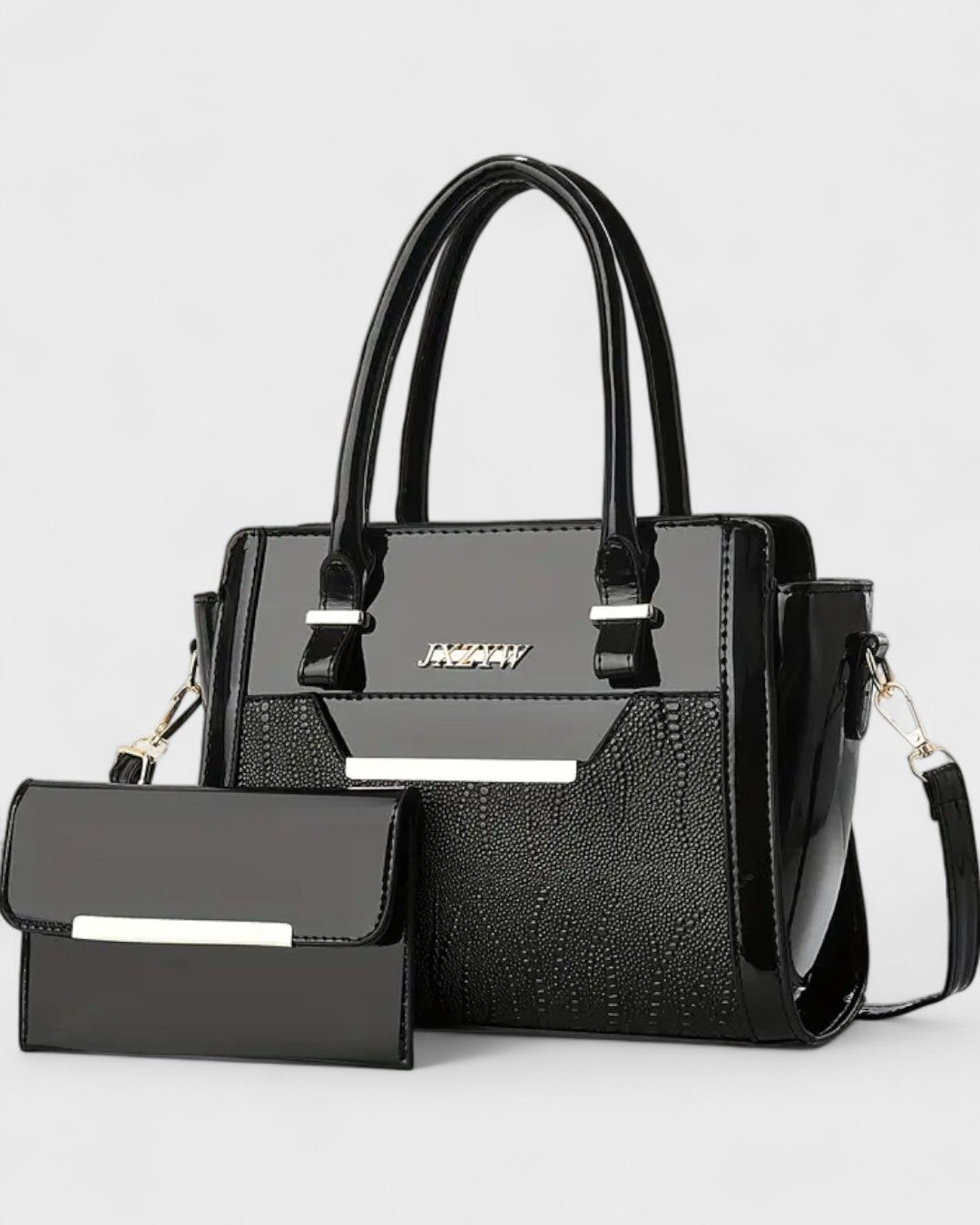 Sac à main verni 2 pièces avec pochette assortie