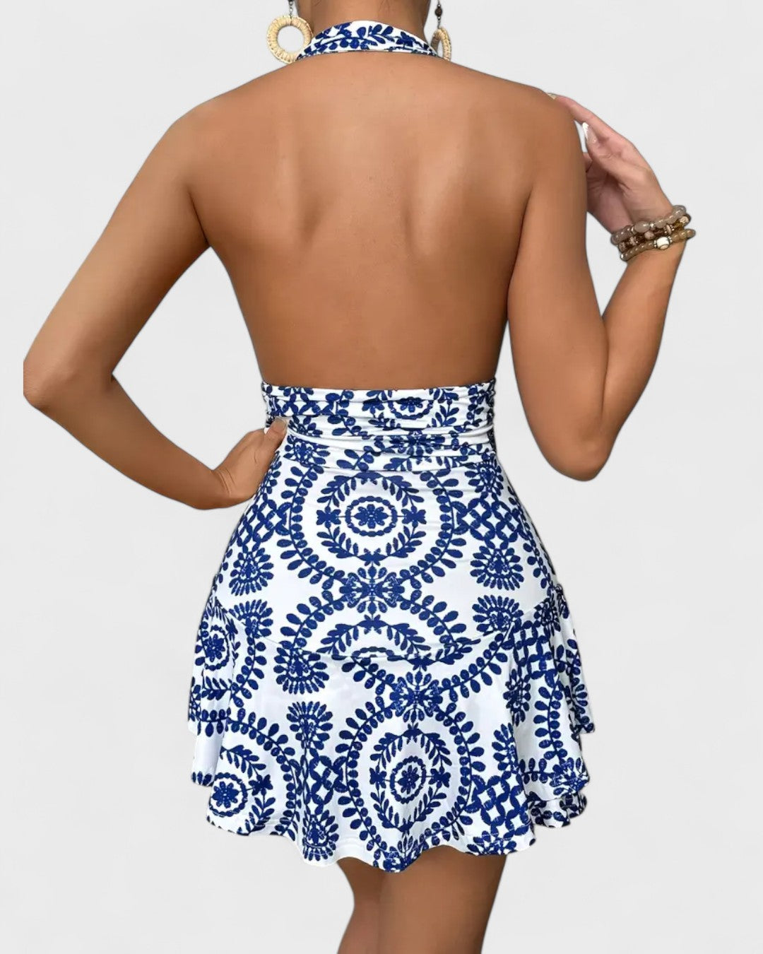 Robe dos nu imprimée bleu et blanc