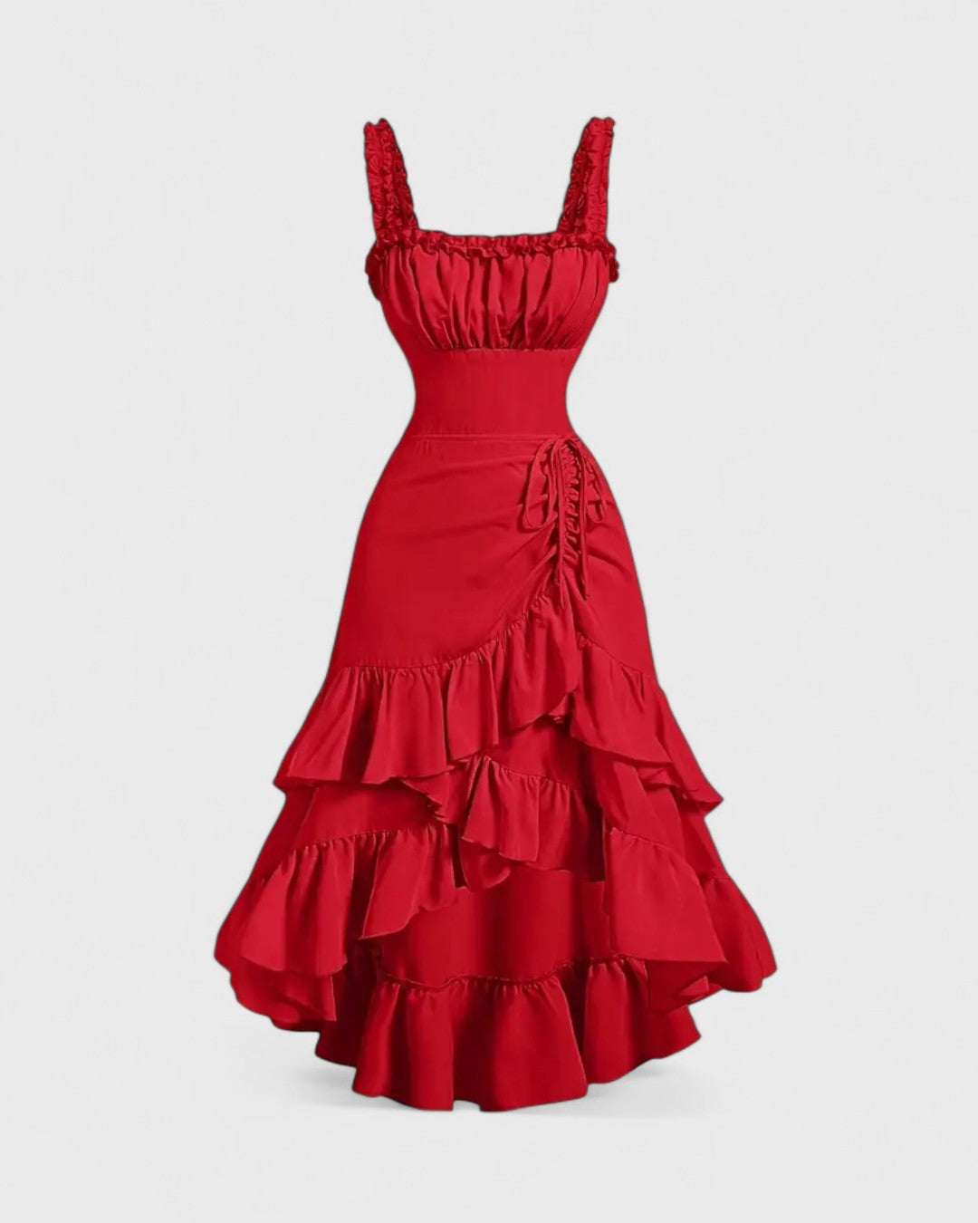 Robe longue à volants smockée rouge