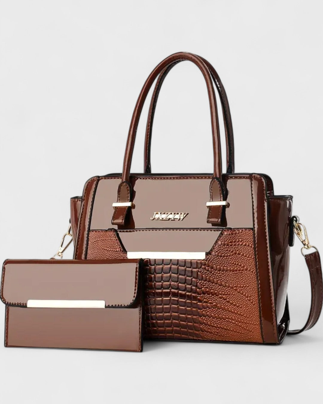 Sac à main verni 2 pièces avec pochette assortie