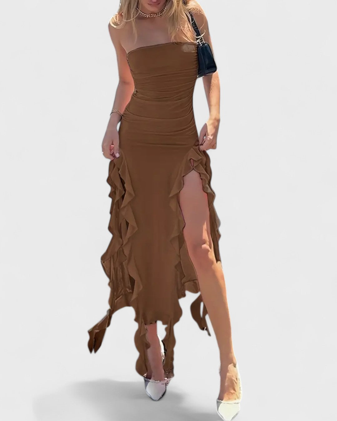 Robe tube fendue à volants