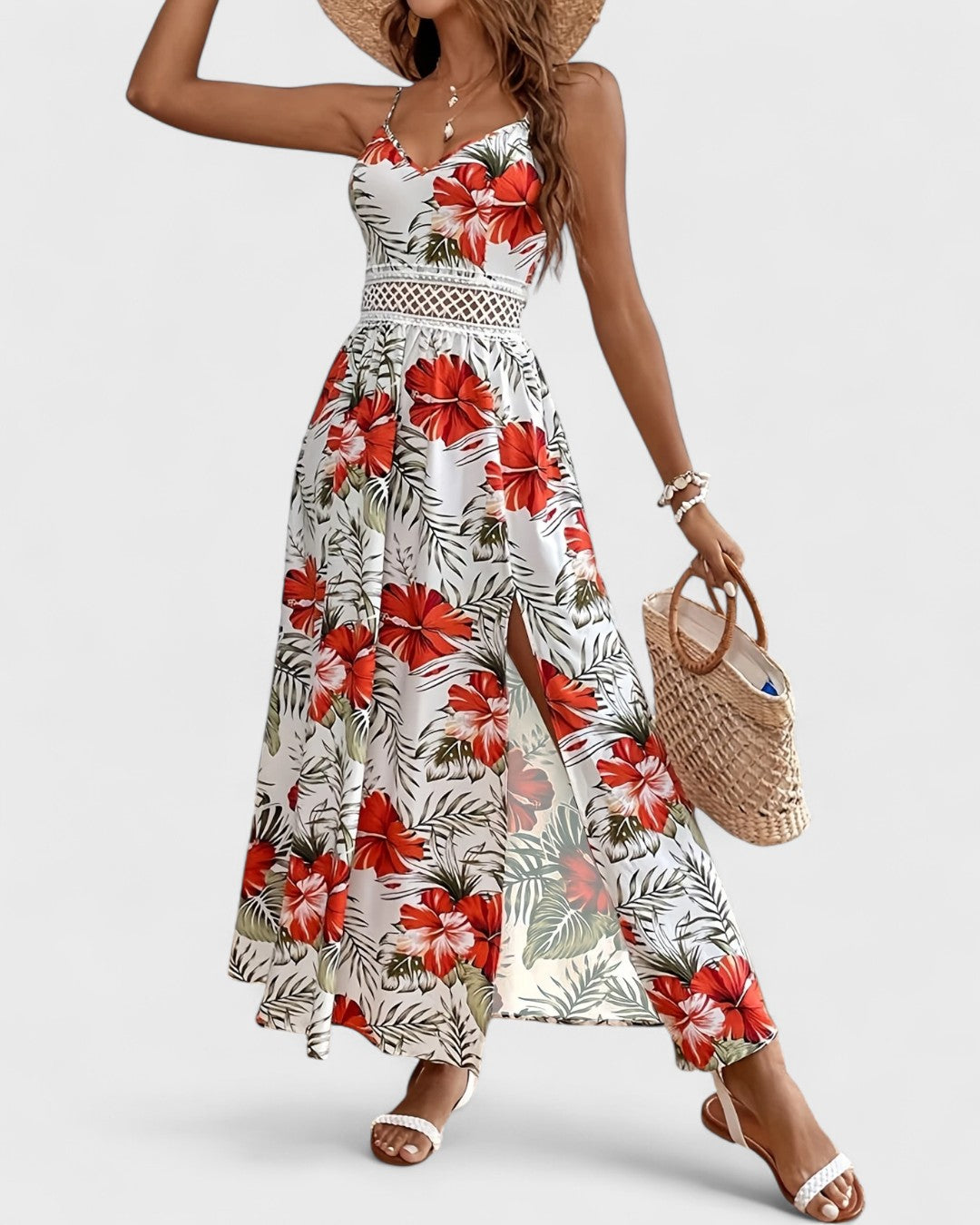 Robe longue fluide à fleurs tropicales et taille ajourée