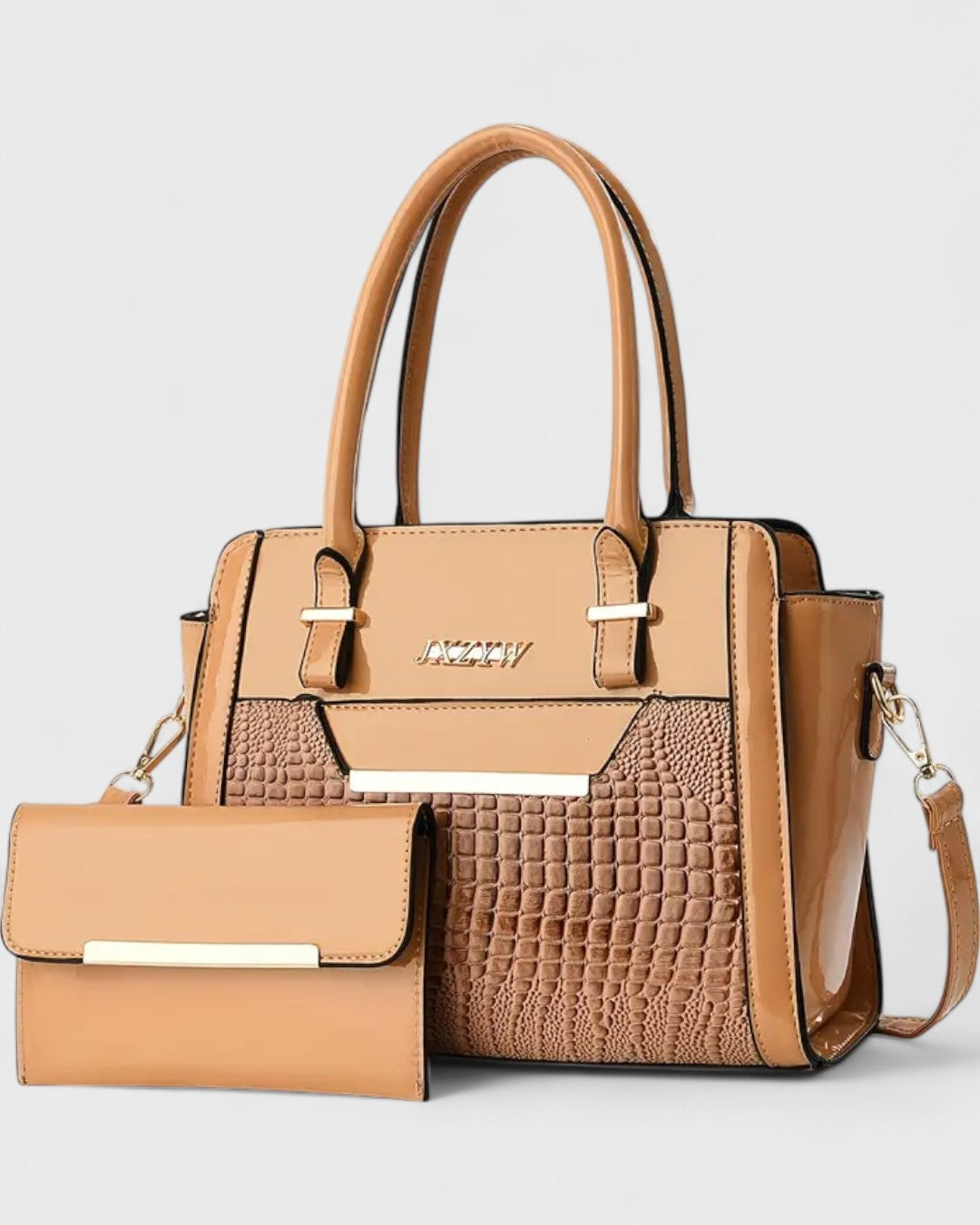 Sac à main verni 2 pièces avec pochette assortie