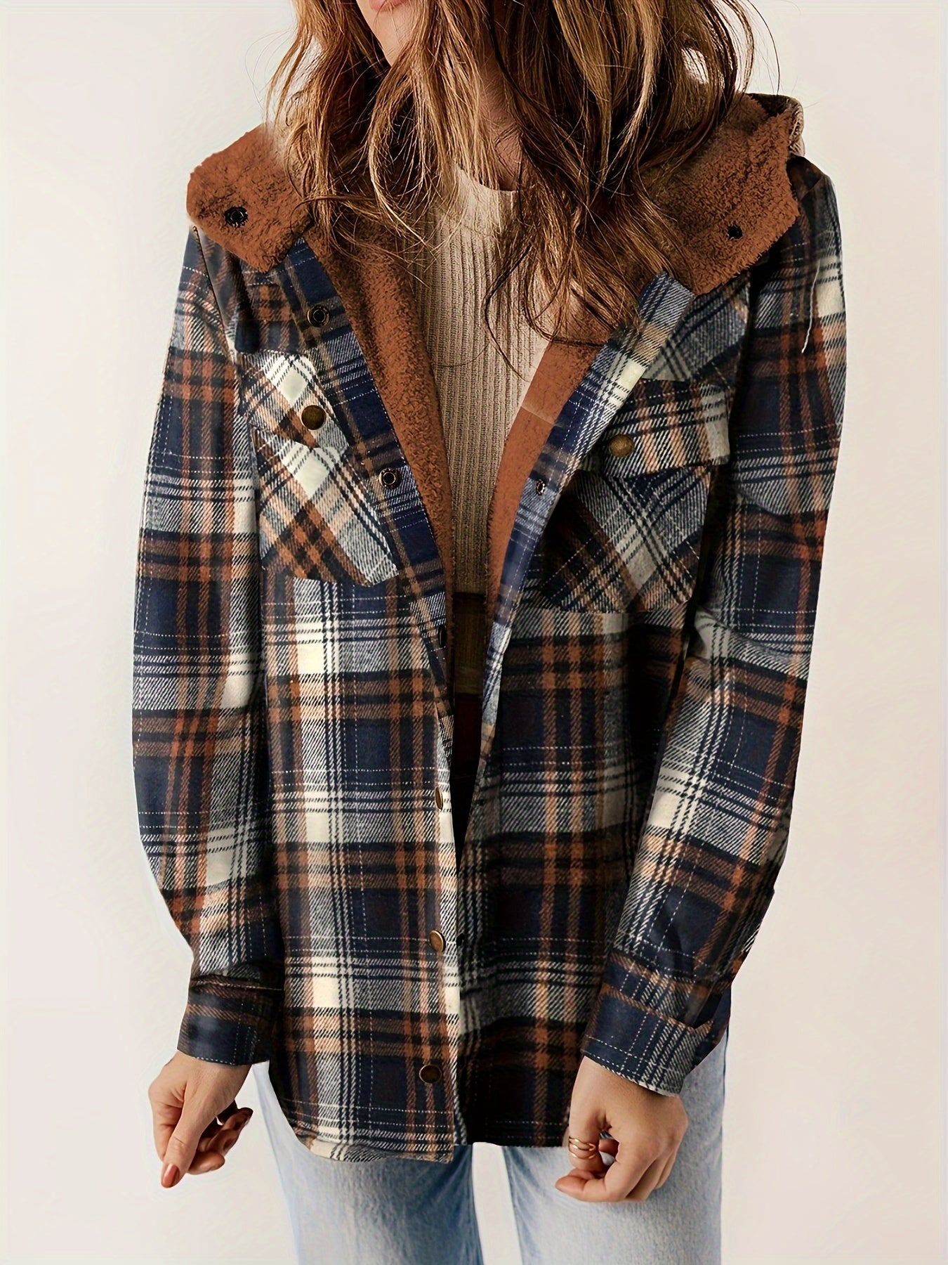Veste à Carreaux avec Capuche et Boutons pour Femmes