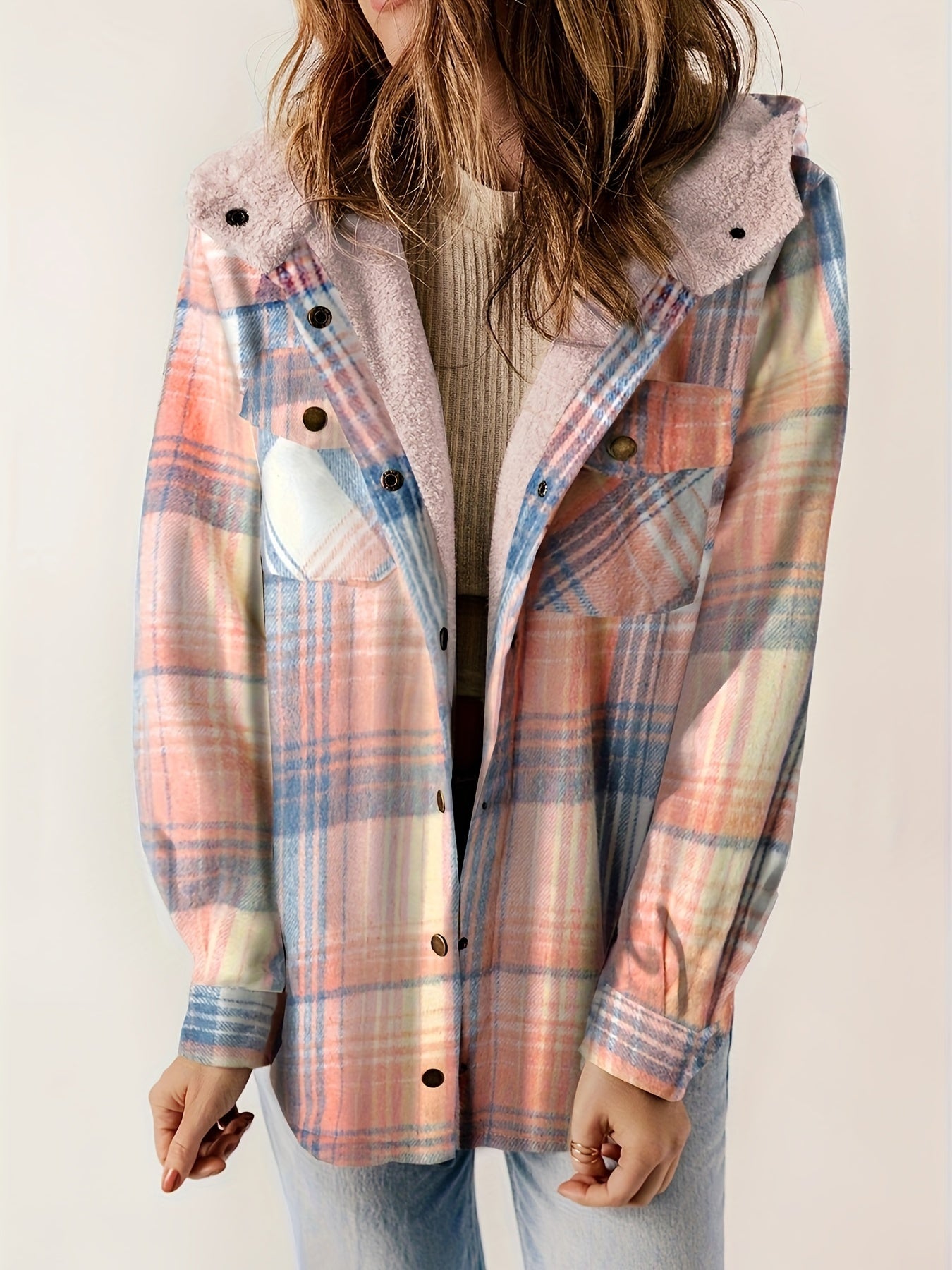 Veste à Carreaux avec Capuche et Boutons pour Femmes