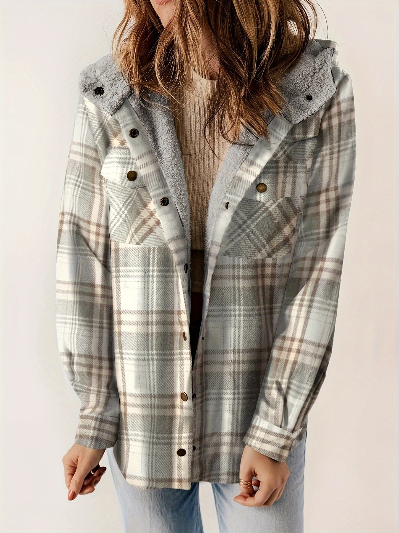 Veste à Carreaux avec Capuche et Boutons pour Femmes