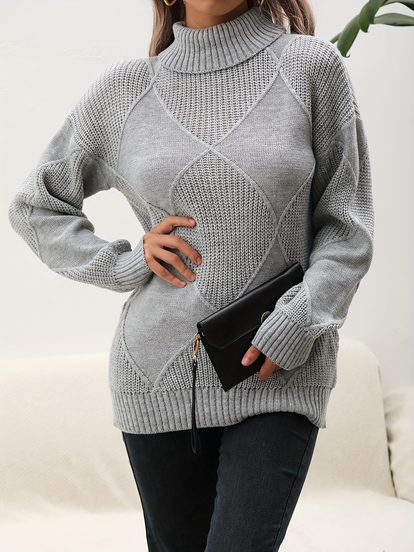 Pull à Col Roulé Uni avec Épaules Tombantes