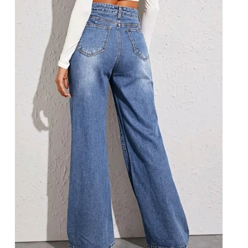 Jean bleu femmes à jambes larges taille haute