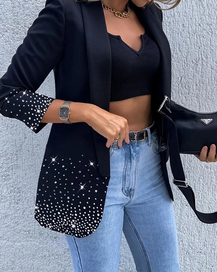 Blazer Élégant à Strass et Col Châle
