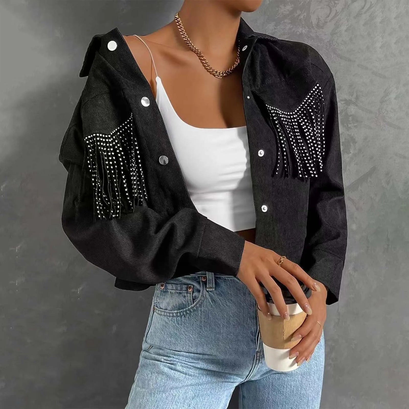 Veste Courte à Franges avec Col à Revers